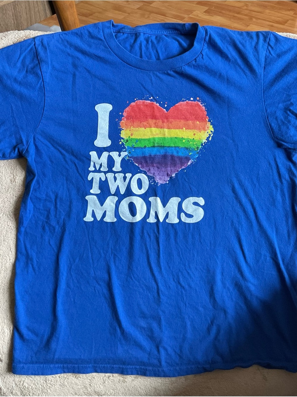 Blue I Love My Two Moms Rainbow Heart Tee, Kids Large LGBTQ